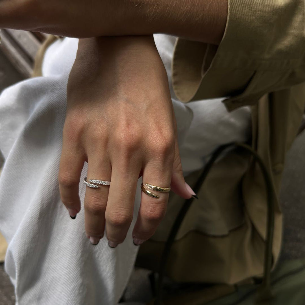 9ct gold and sterling silver ring stack on model