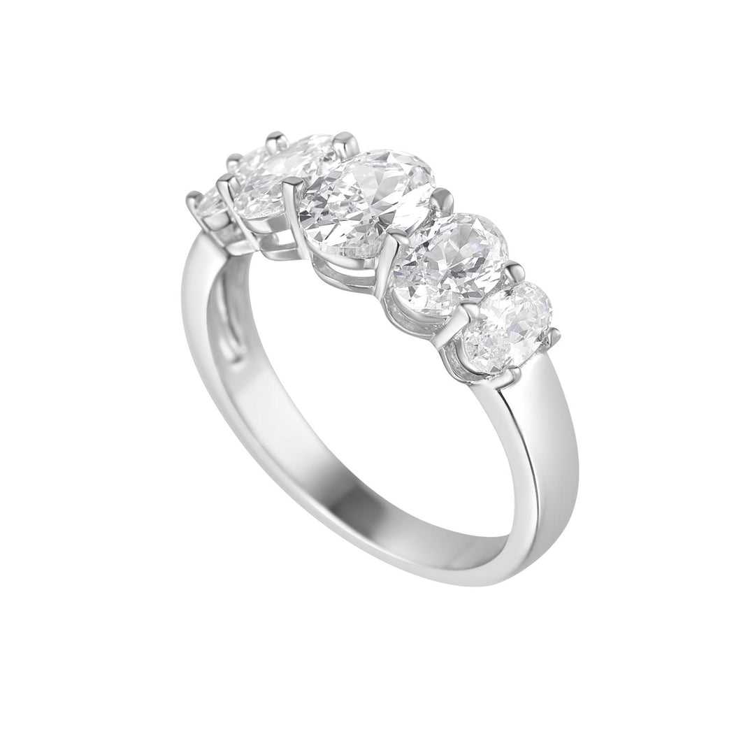 silver 5 oval cubic zirconia ring on white background