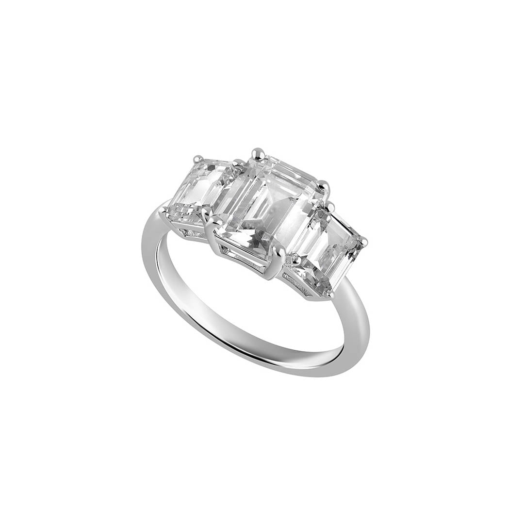 silver emerald cut cz ring on white background