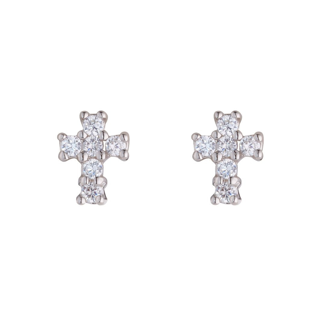 Sterling silver cz cross stud earrings on white background