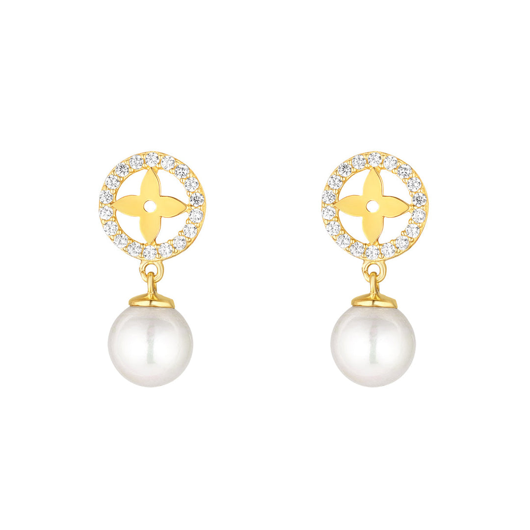 18ct Gold Sterling Silver CZ L.V. Flower Pearl Drop Earrings