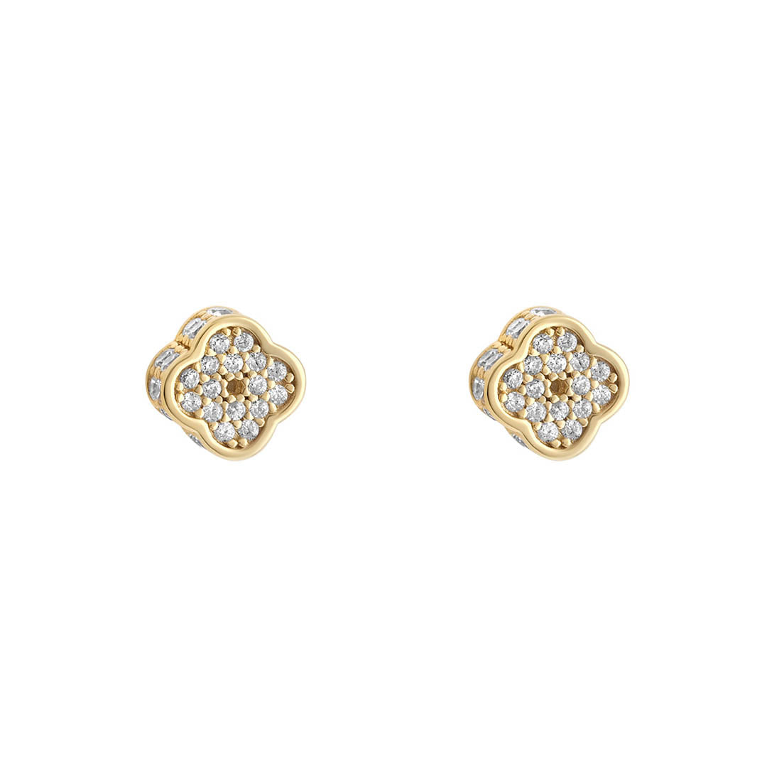 gold chunky cz small clover stud earrings on white background