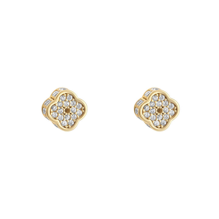 gold chunky cz small clover stud earrings on white background