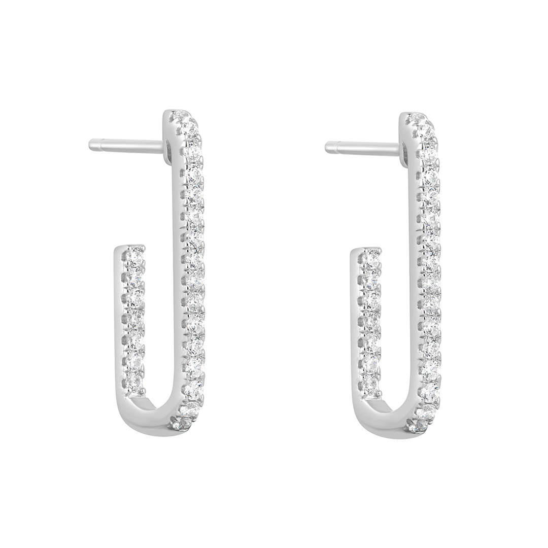 silver cz rectangle hoop earrings on white background