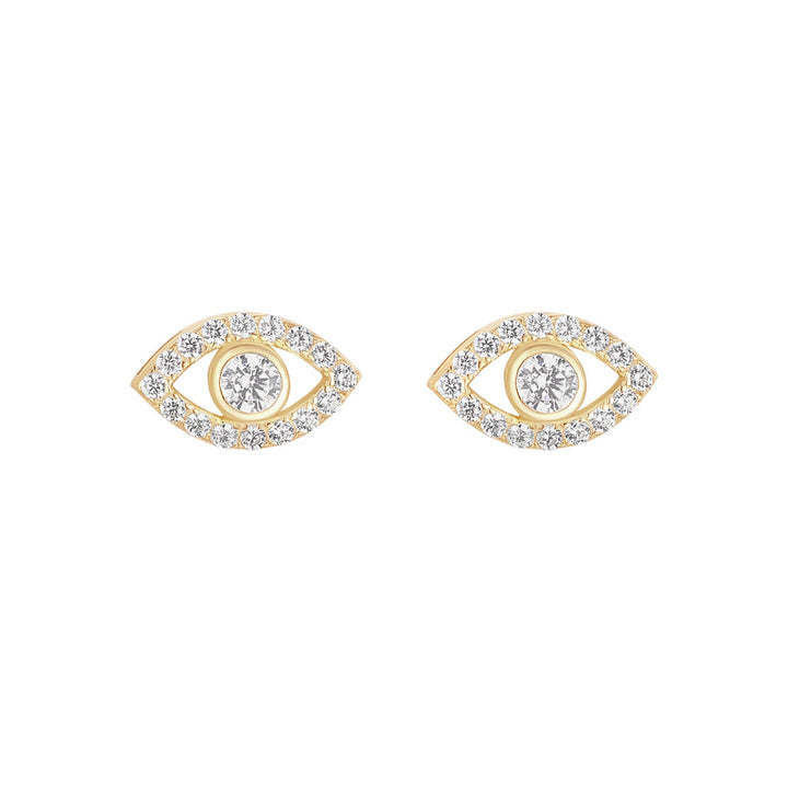 gold plated evil eye cz stud earrings on white background