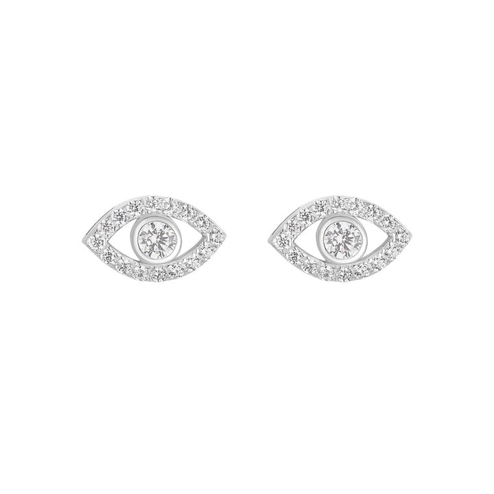 silver evil eye cz stud earrings on white background