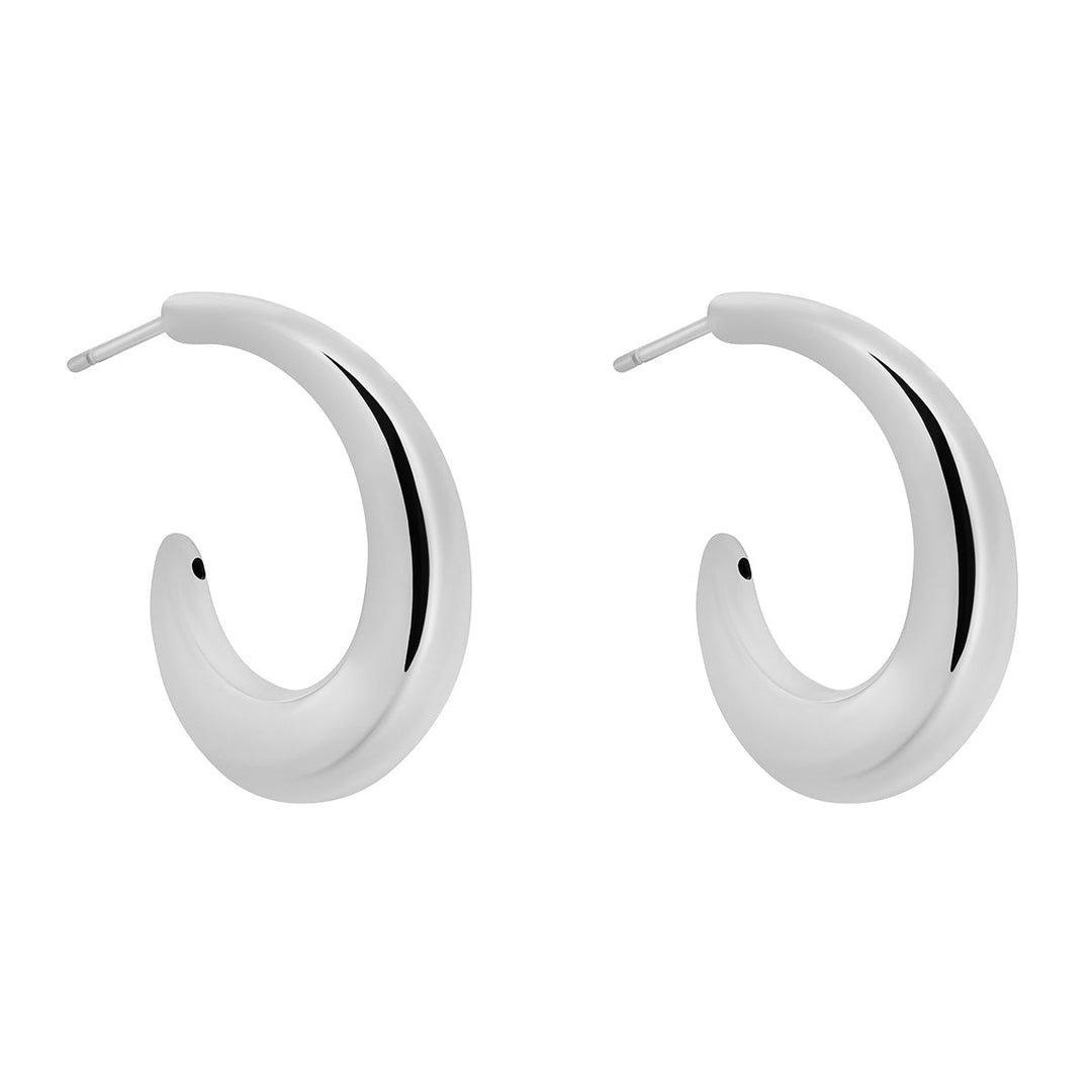 silver rounded hoop earrings on white background