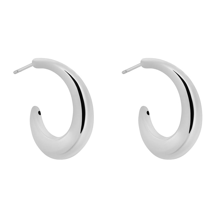 silver rounded hoop earrings on white background