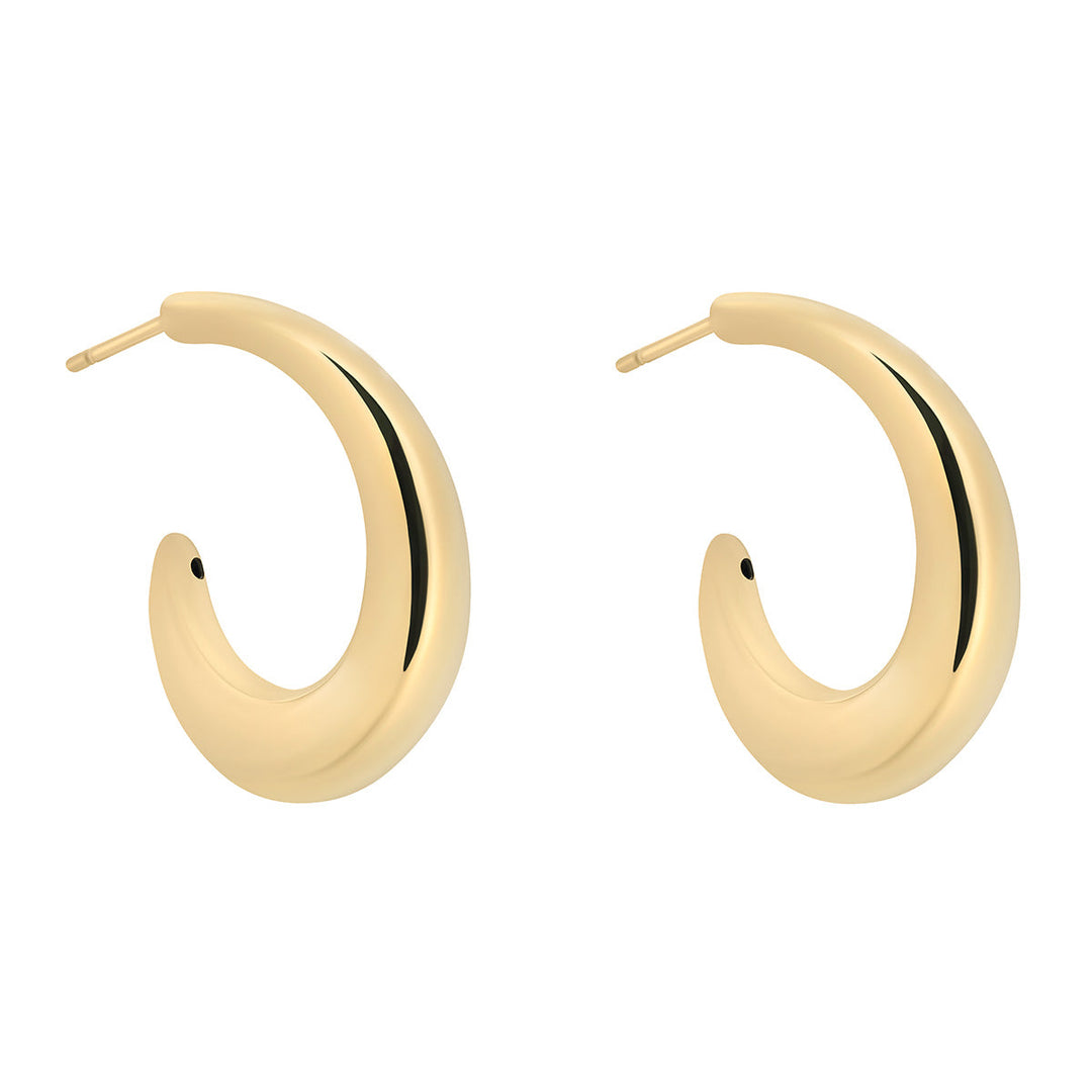 gold plated rounded hoop earrings on white background
