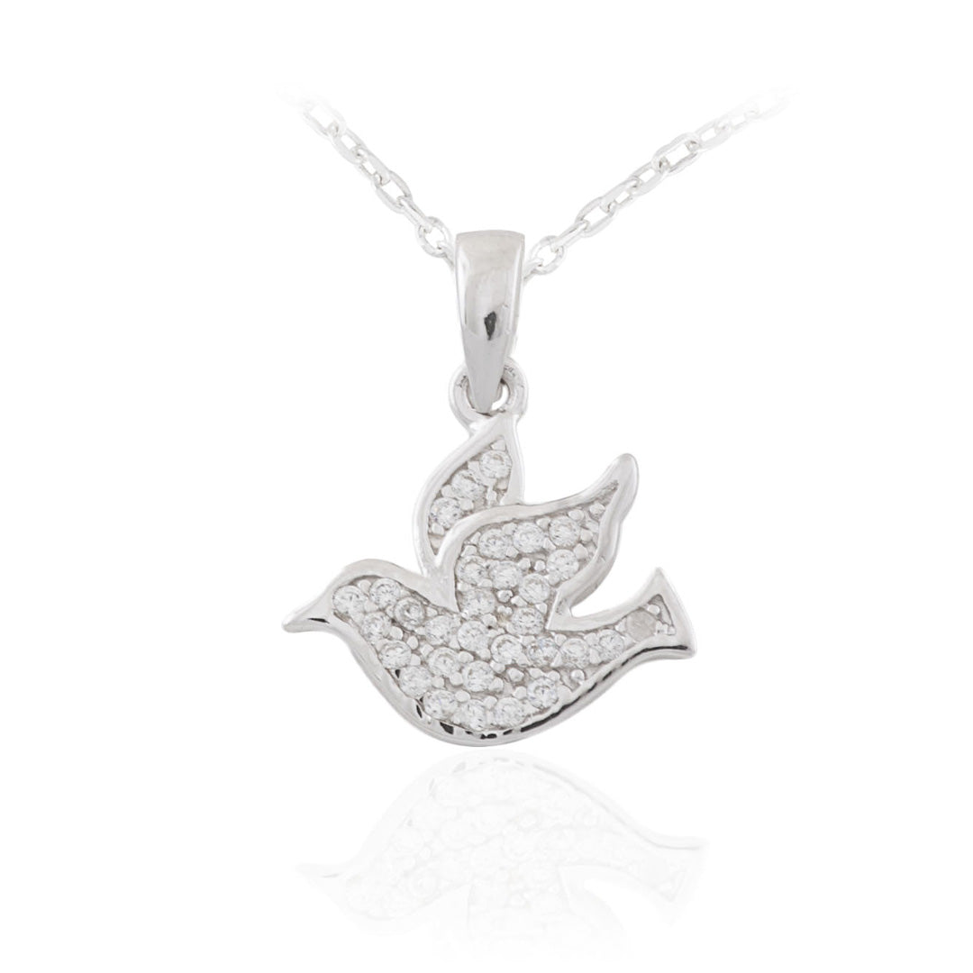 silver cz dove pendant on white background