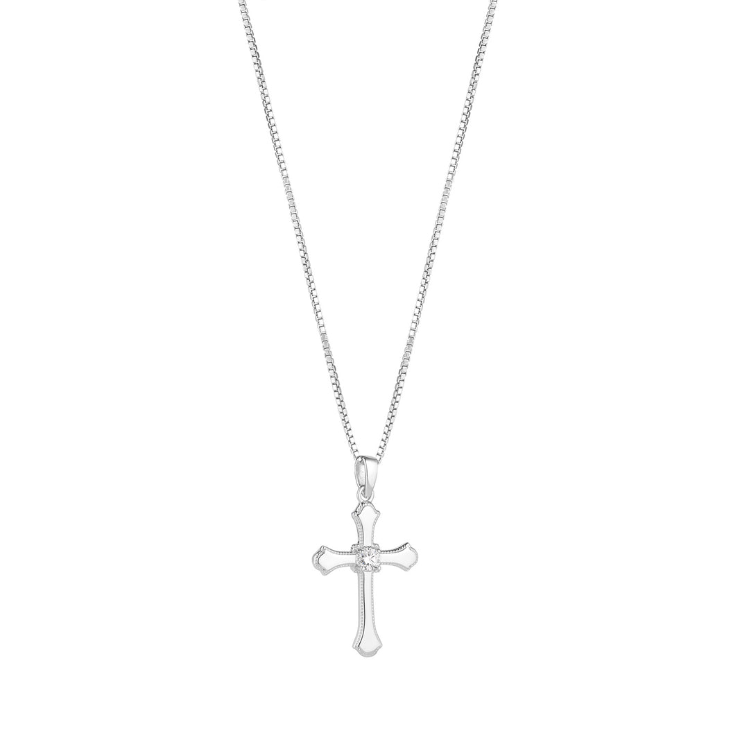 silver fancy cz centre cross necklace on white background