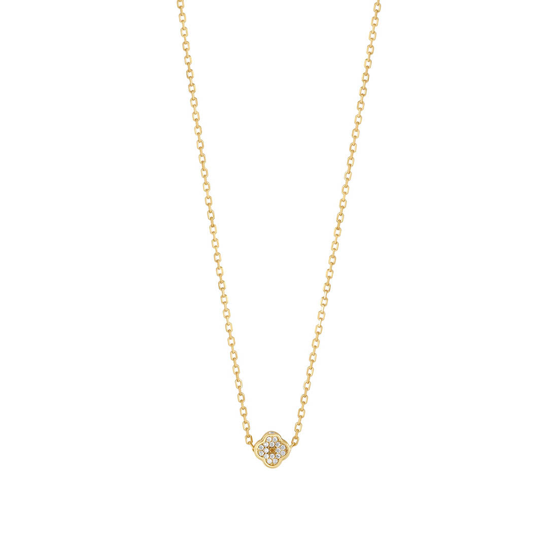 gold plated small cz clover necklace on white background