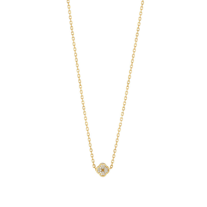 gold plated small cz clover necklace on white background