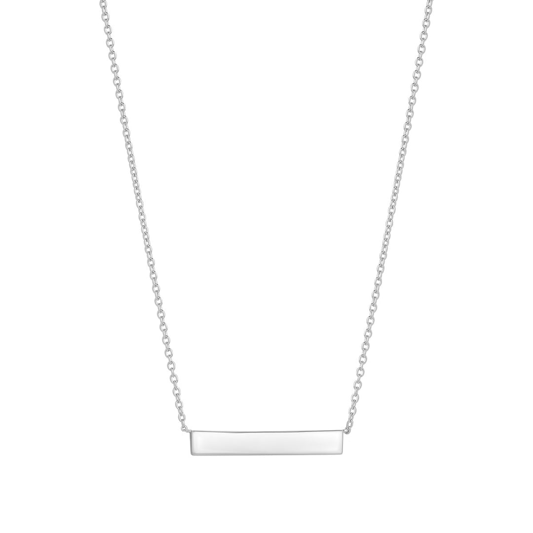 silver engravable bar necklace on white background