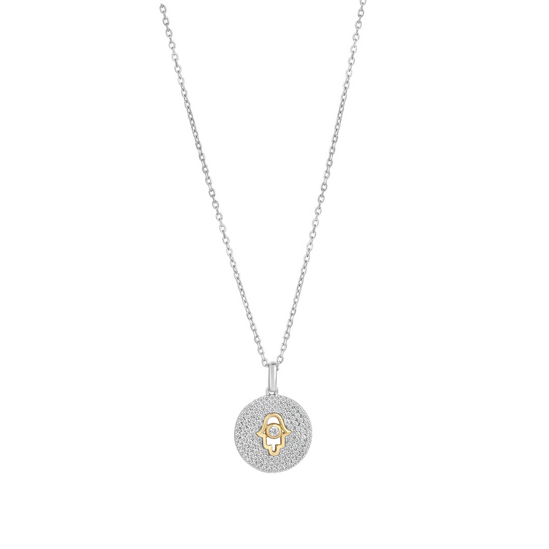 silver cz hand of fatima necklace on white background