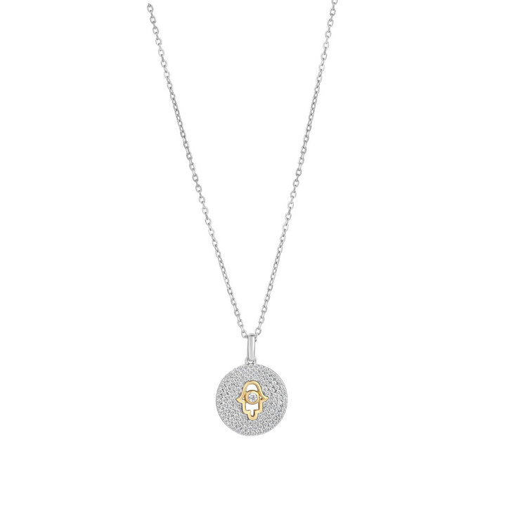 silver cz hand of fatima necklace on white background