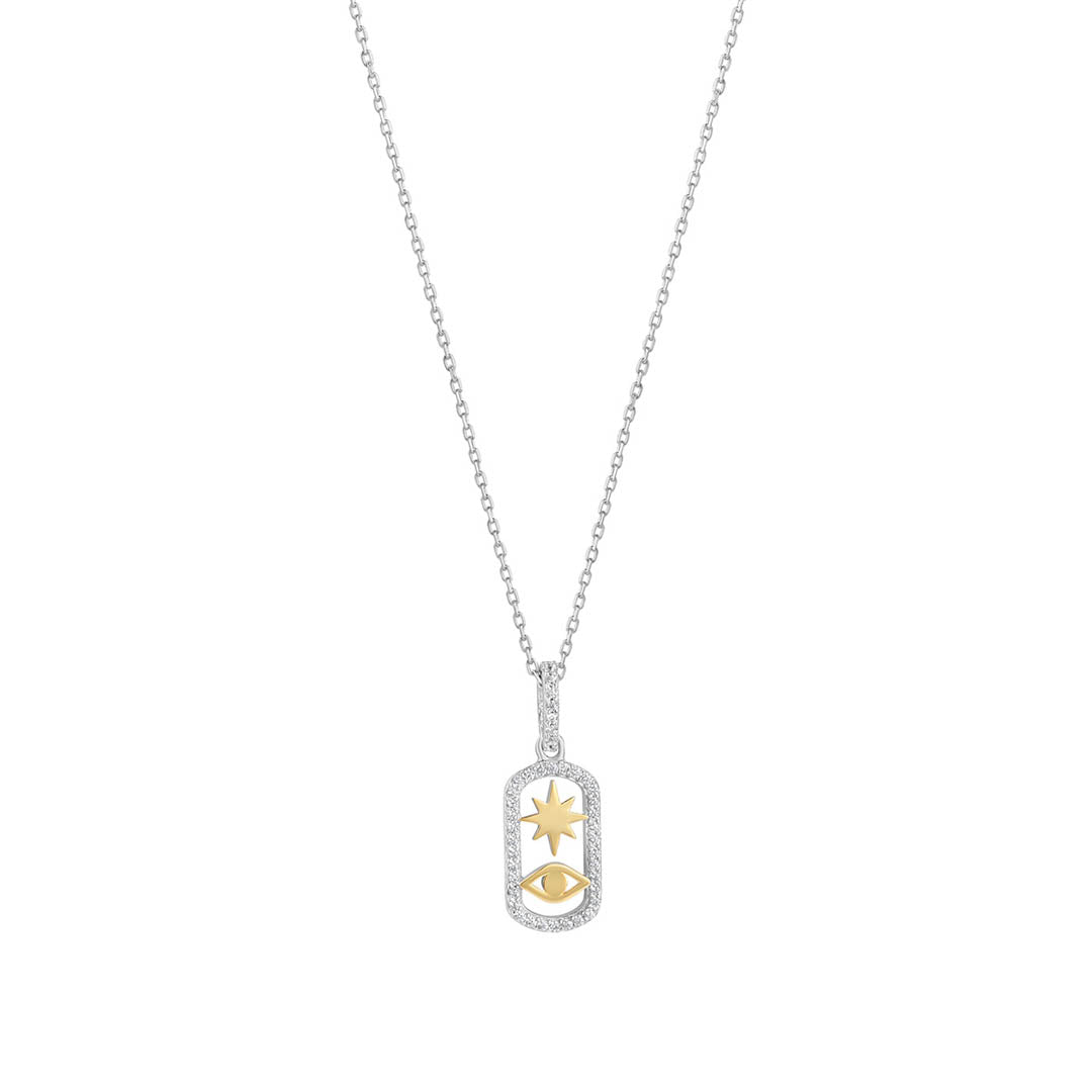 two tone cz evil eye necklace on white background