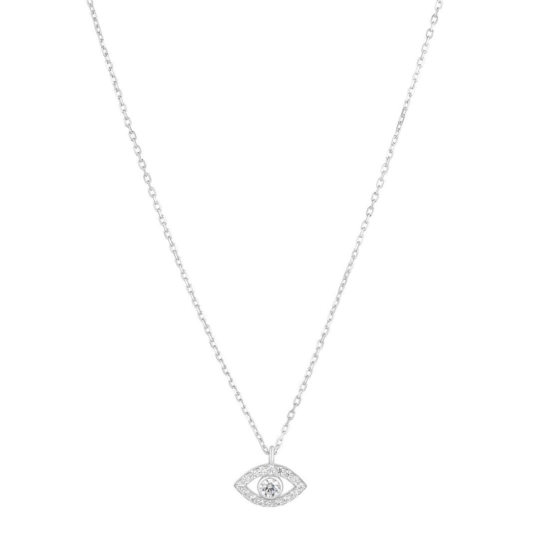silver evil eye cz necklace on white background