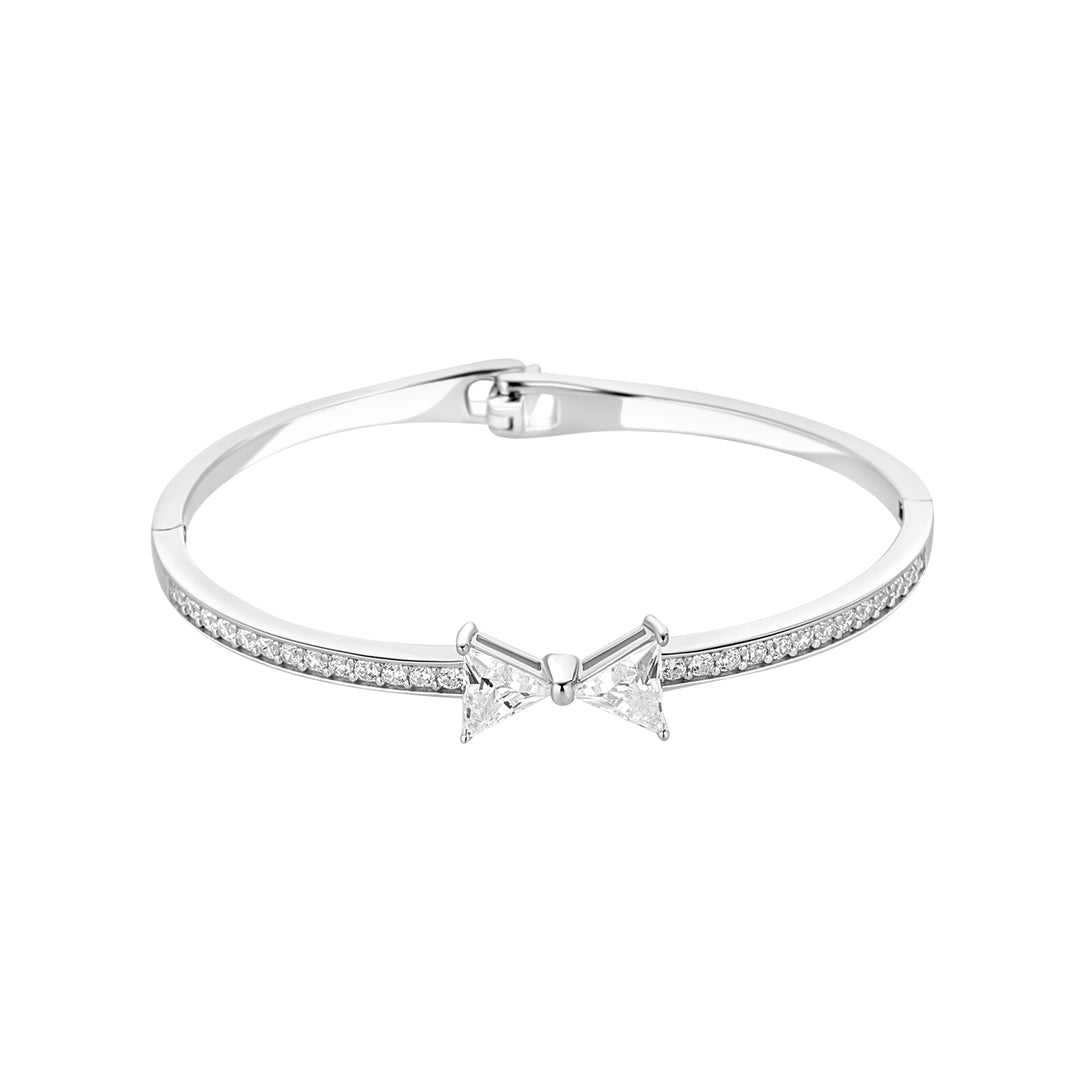 silver cubic zirconia bow bangle on white background