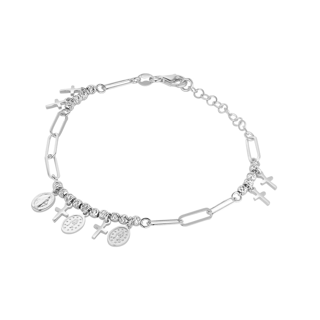 silver miraculous & cross charm bracelet on white background