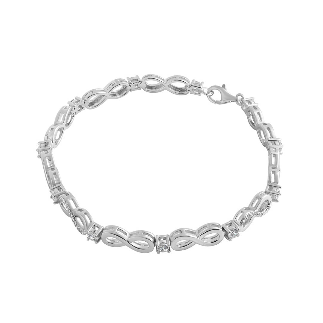 silver cz infinity bracelet on white background