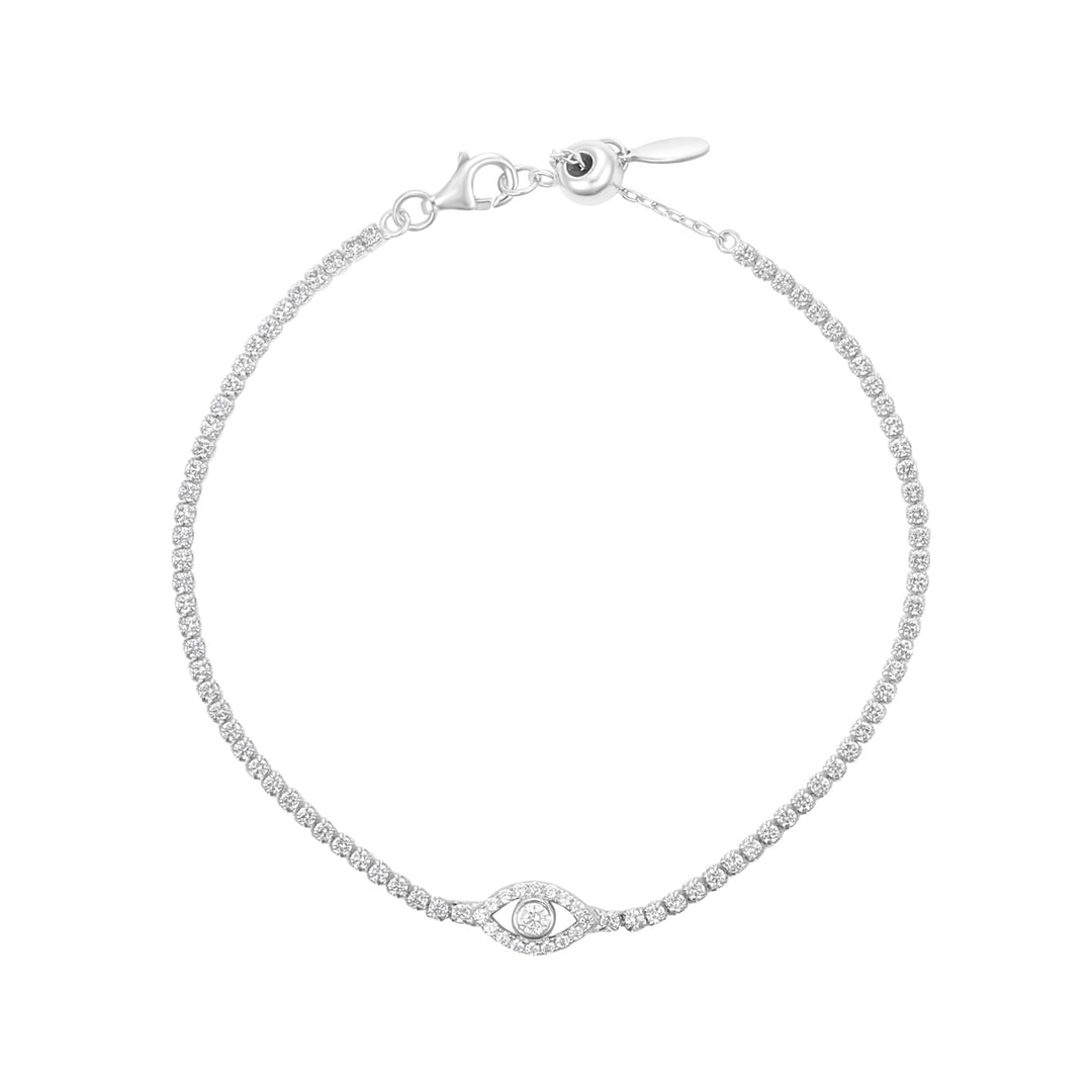 silver evil eye cz tennis bracelet on white background