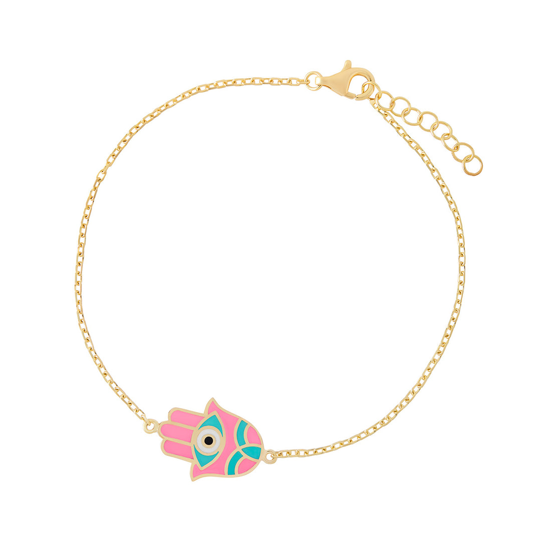 gold plated pink hand of fatima bracelet on white background