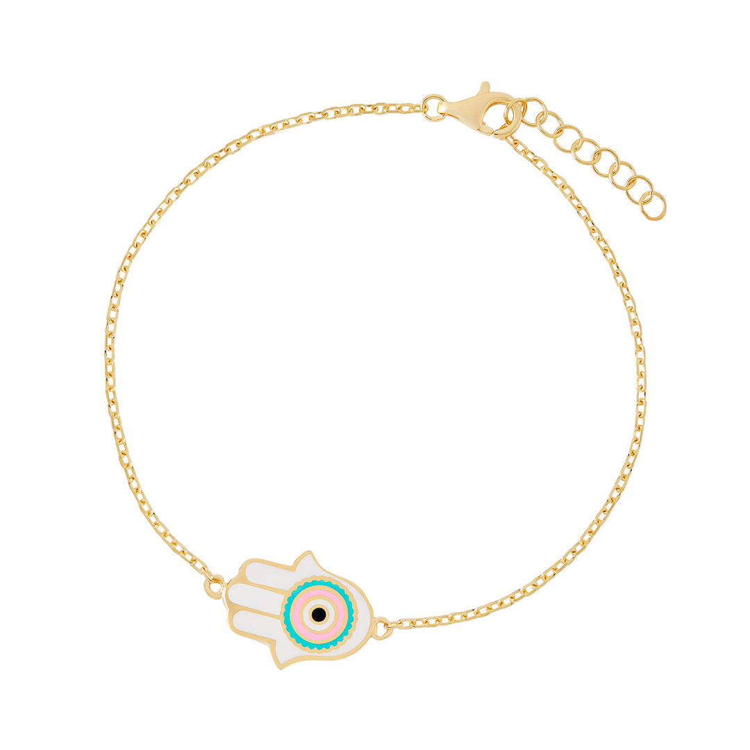 gold plated white hand of fatima bracelet on white background