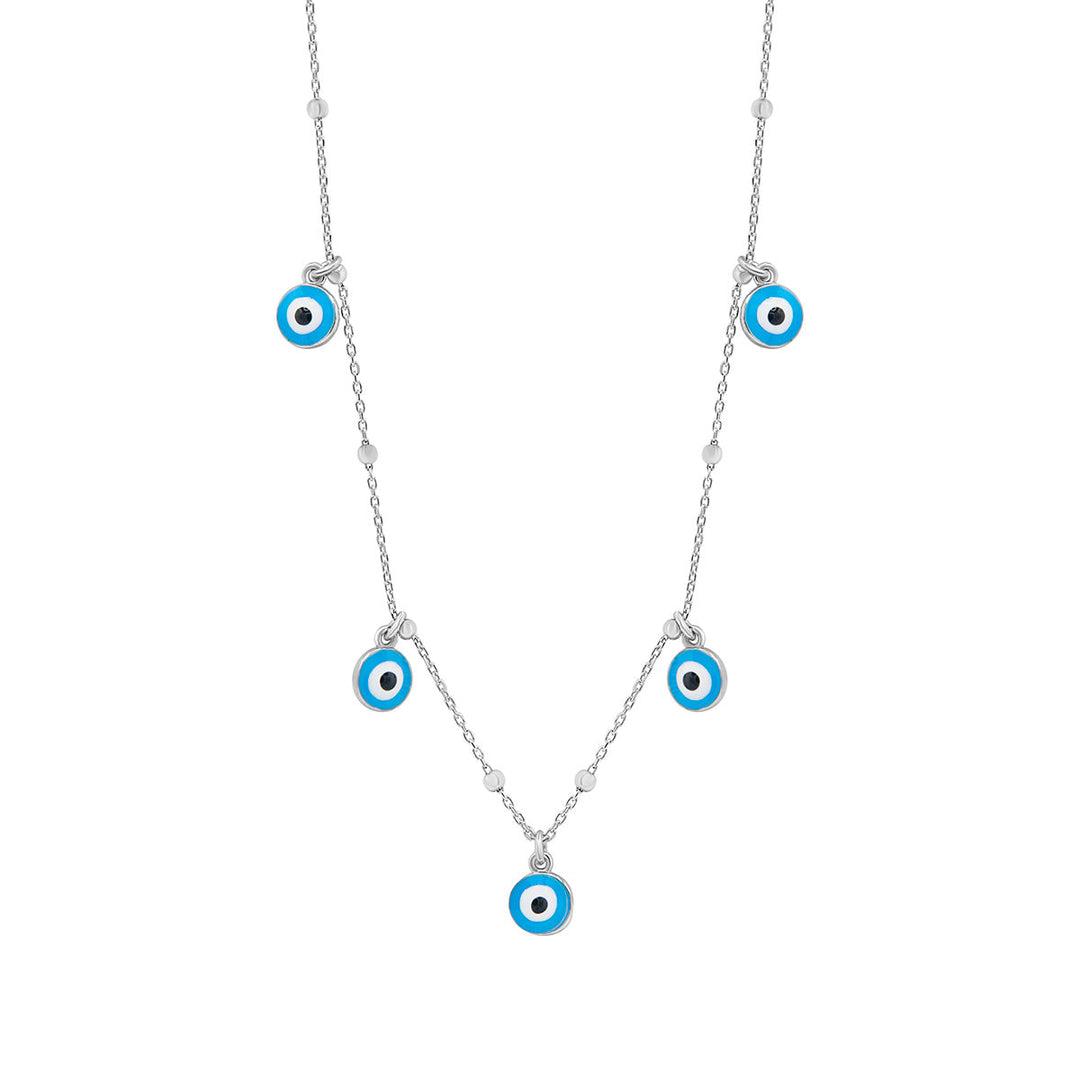 silver blue evil eye charm necklace on white background