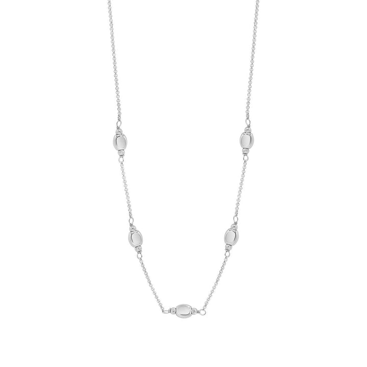 silver five nugget necklace on white background