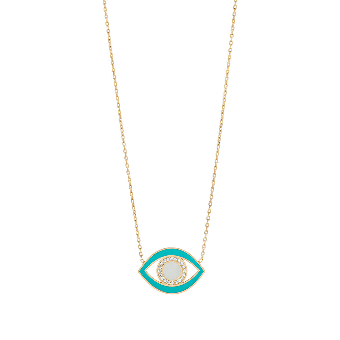 gold plated blue evil eye necklace on white background