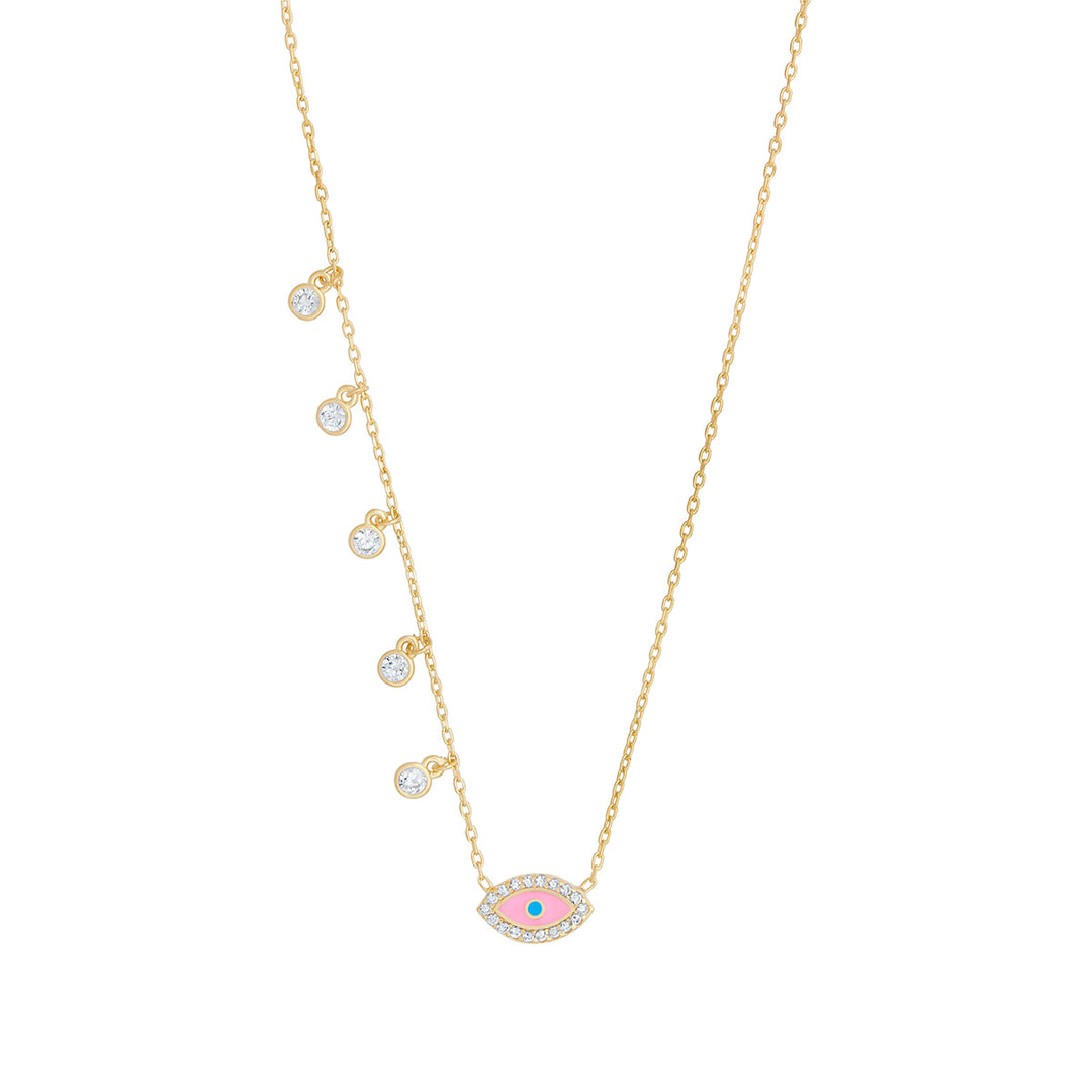 gold plated pink cz evil eye necklace on white background