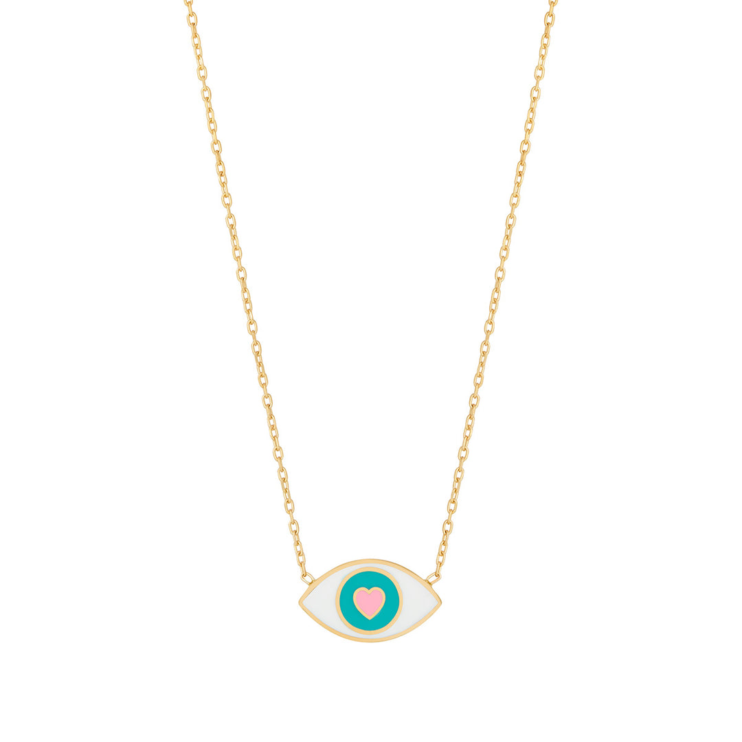 gold plated white evil eye necklace on white background