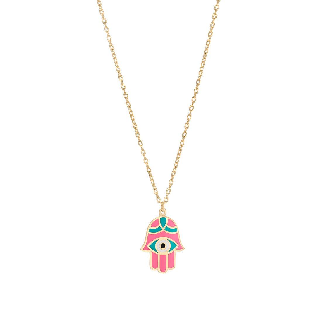gold plated pink hand of fatima necklace on white background