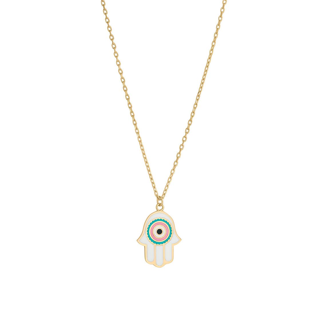 gold plated white hand of fatima necklace on white background