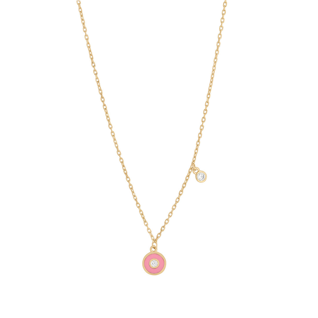 gold plated pink evil eye charm necklace on white background