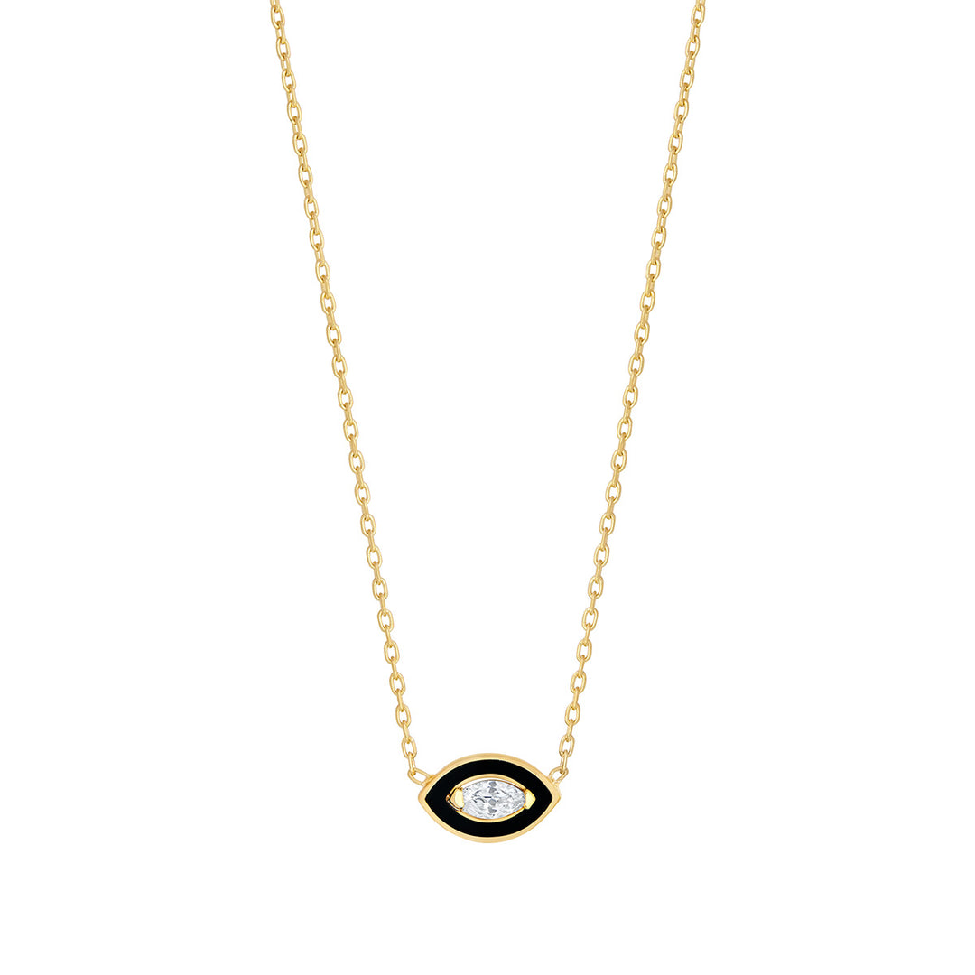 gold plated black cz evil eye necklace on white background