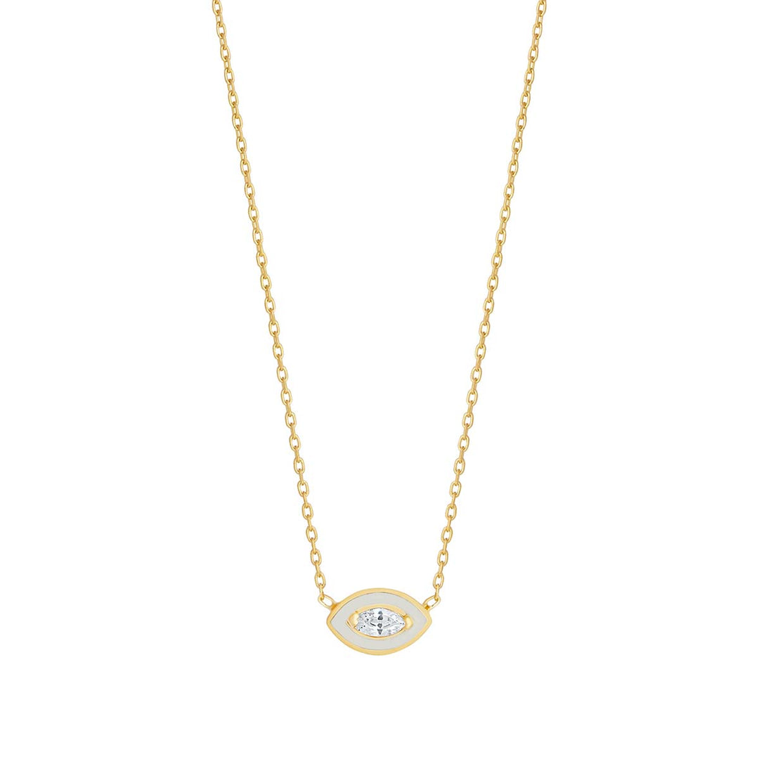 gold plated white cz evil eye necklace on white background