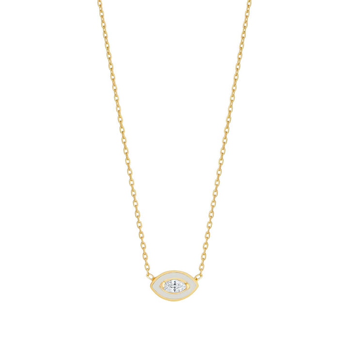 gold plated white cz evil eye necklace on white background