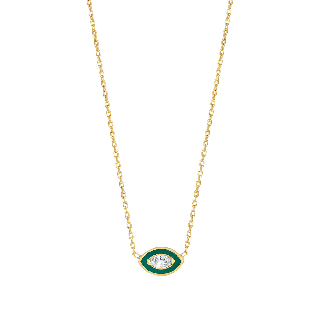 gold plated green cz evil eye necklace on white background