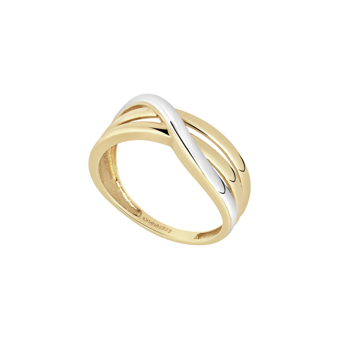 9ct gold two tone crossover ring on white background