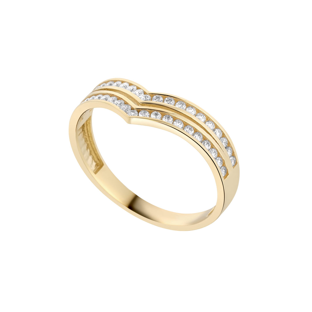 9ct gold double row cz wishbone ring on white background