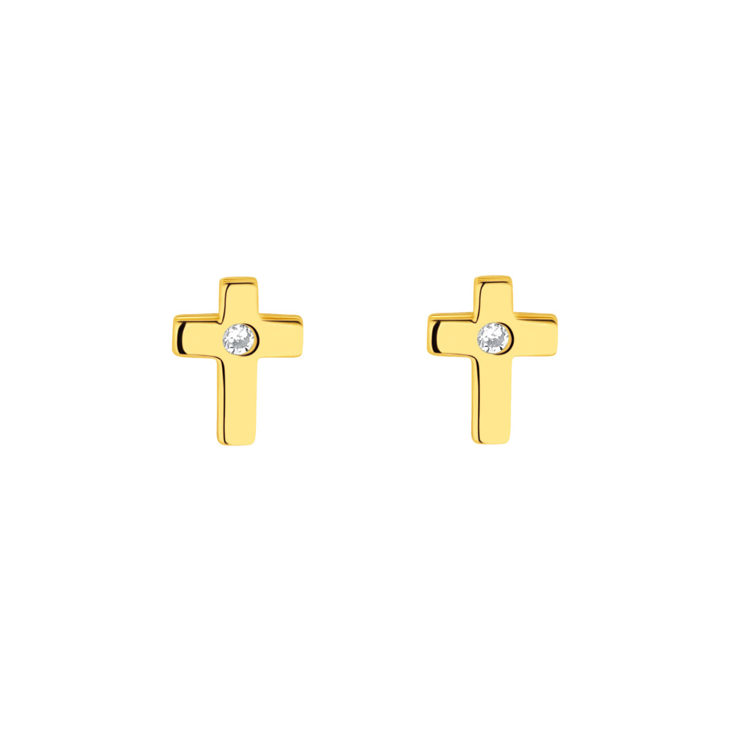 9ct gold cz cross stud earrings on white background