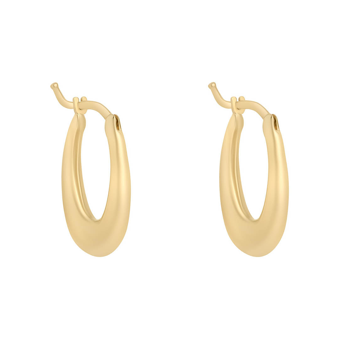 9ct gold chunky long hoop earrings on white background