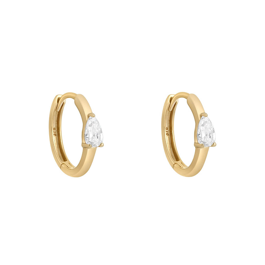 9ct gold cz pear huggie earrings on white background