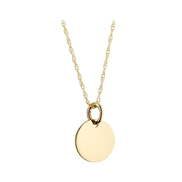 9ct gold 12mm engravable disc necklace on white background