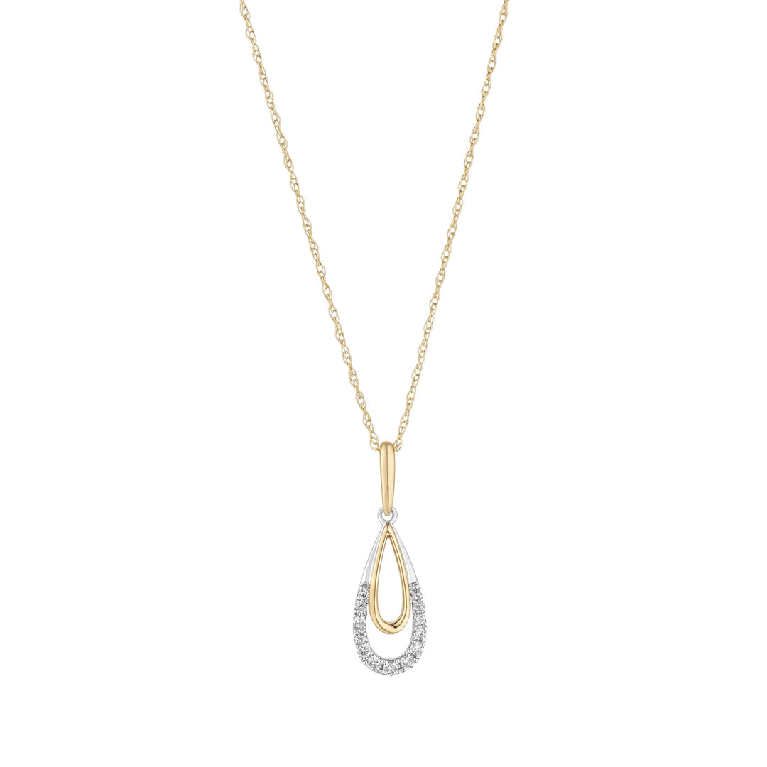 9ct gold diamond two tone double teardrop pendant on white background