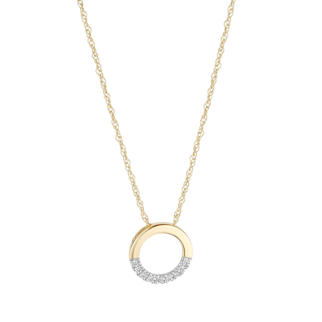 9ct gold half diamond open circle pendant on white background