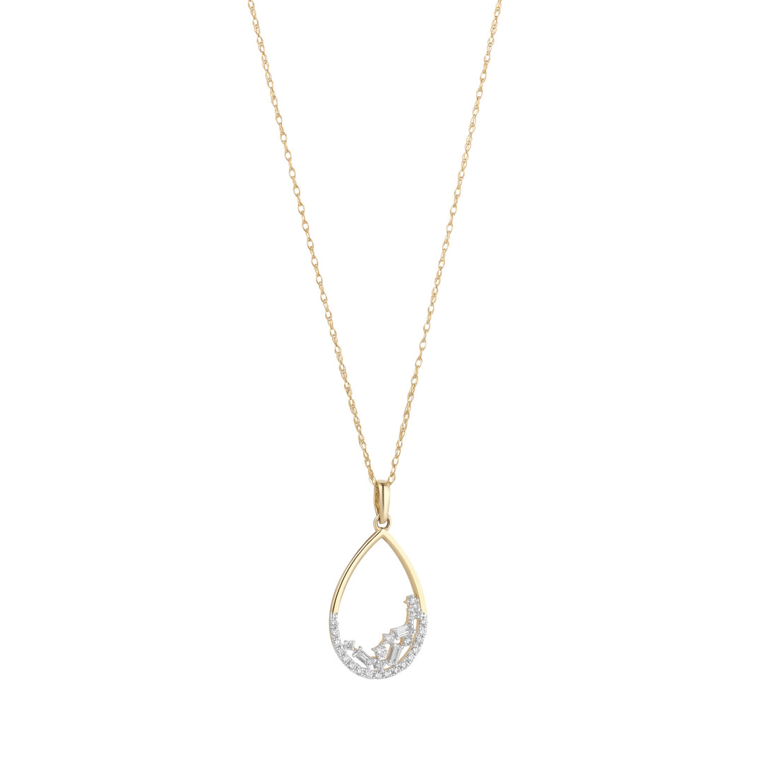 9ct gold diamond baguette teardrop pendant on white background