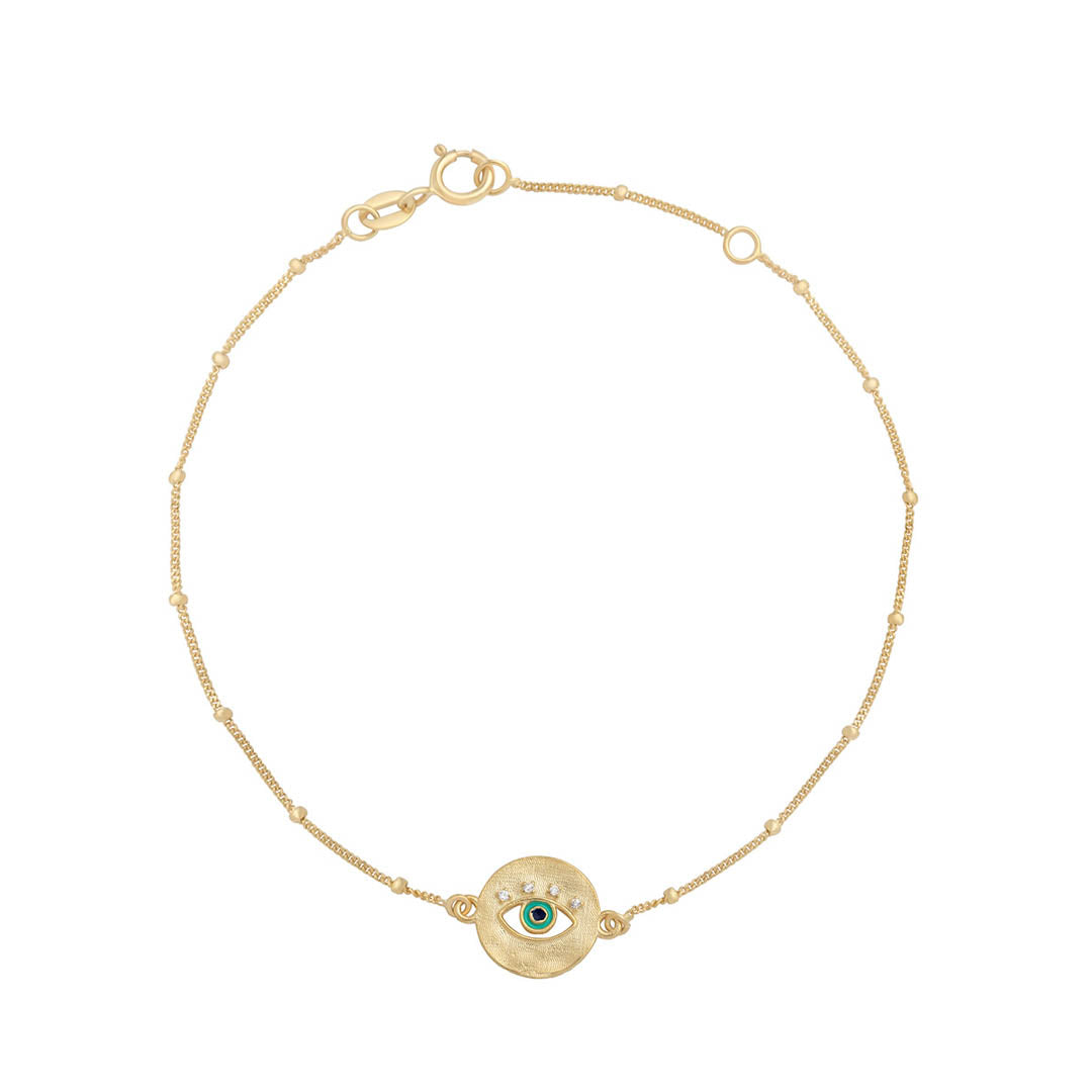 9ct gold evil eye disc bracelet on white background